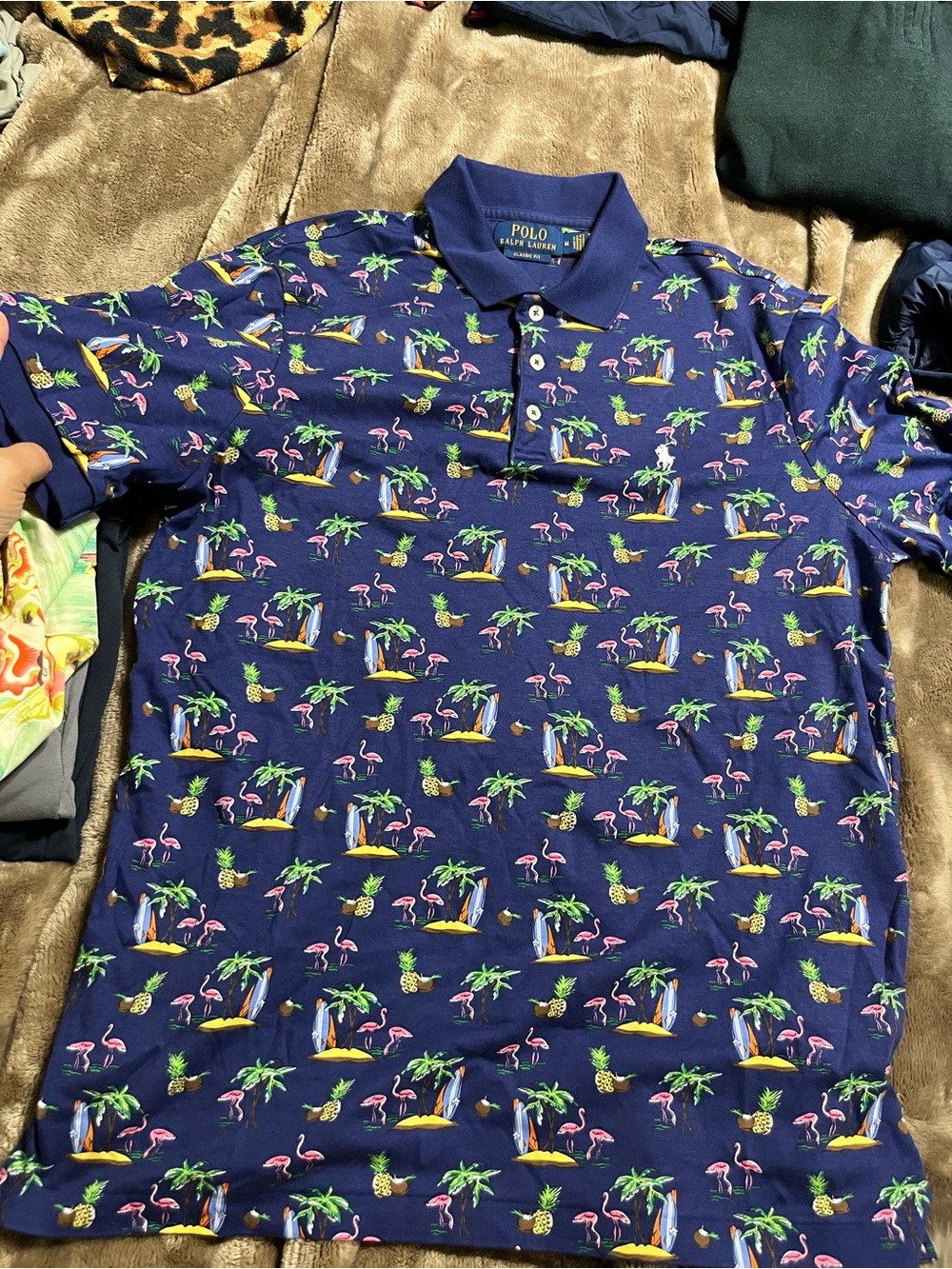 Polo by Ralph Lauren Navy Polo Shirt with Pink Flamingo & Green Palm Print